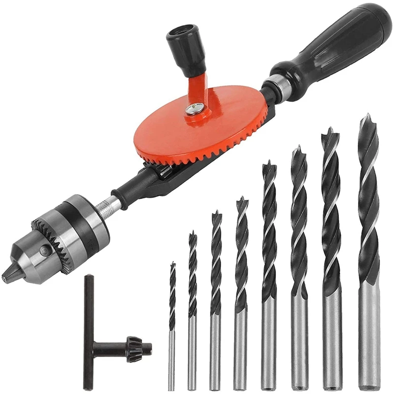 

3/8 Inch Hand Drill Manual Hand Crank Drill with 8Pcs Drill Bit Set, Safe Double Pinions DesignHand Drill for Wood