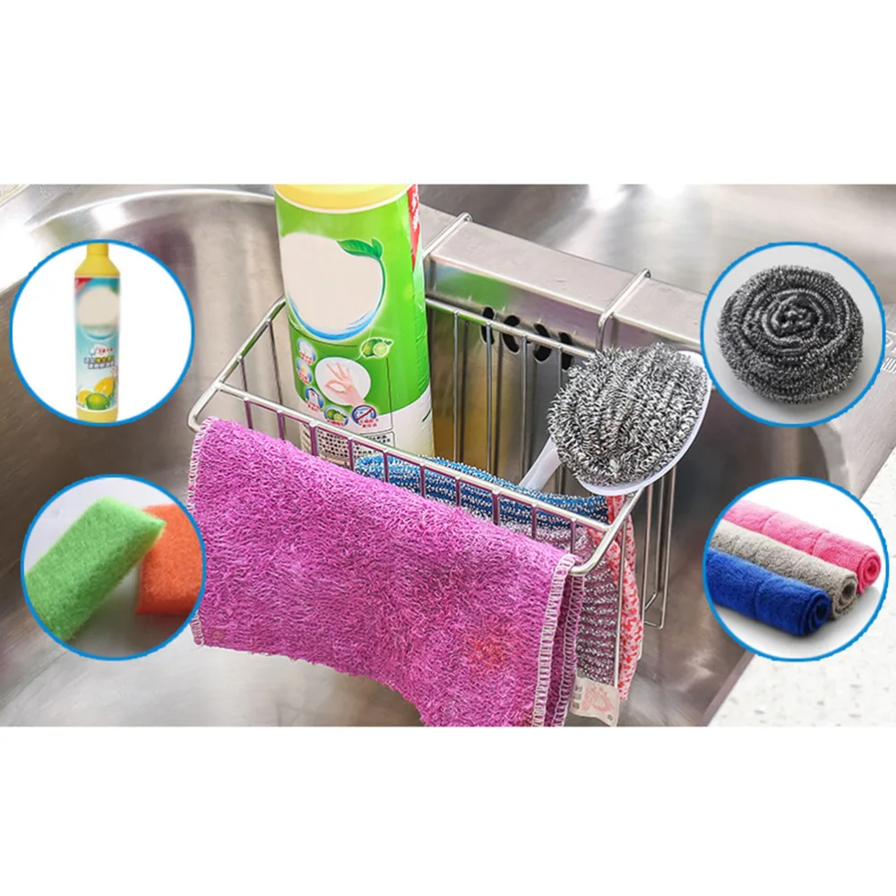 

Stainless Steel Sink Caddy Kitchen Storage Basket Hanging Organizer Drain Rack for Cleaning Cloth Brush Sponge