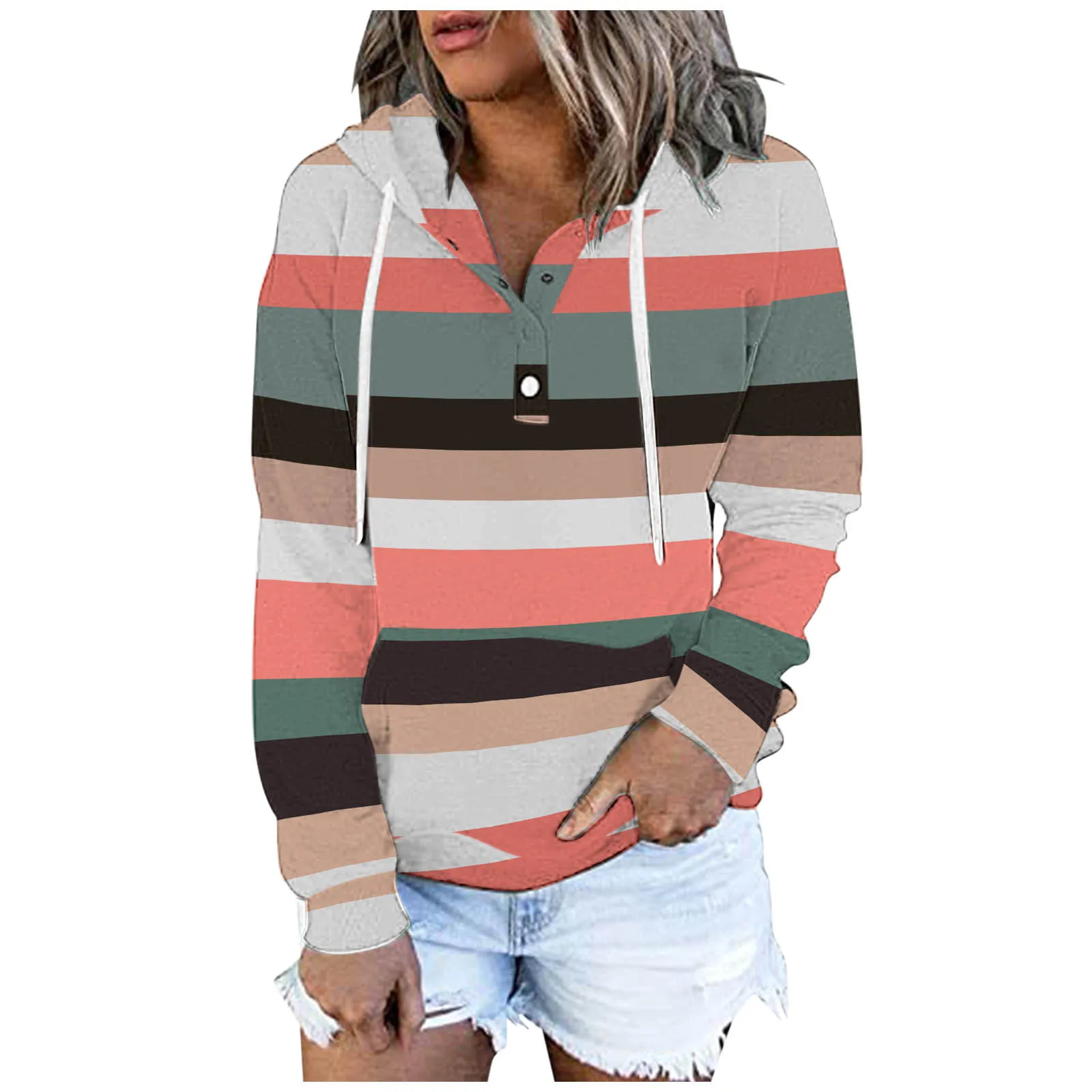 

Striped Splice Print Casual Pullover Button Down Hoodies Womens Drawstring Hooded Pocket Vintage Clothes Long Sleeve Sweatshirts