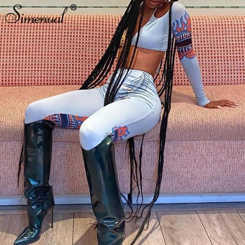 

Simenual Crop Top And Pants One Shoulder Matching Sets for Women Bodycon Sporty Athleisure Two Piece Outfits Fashion Printed Set
