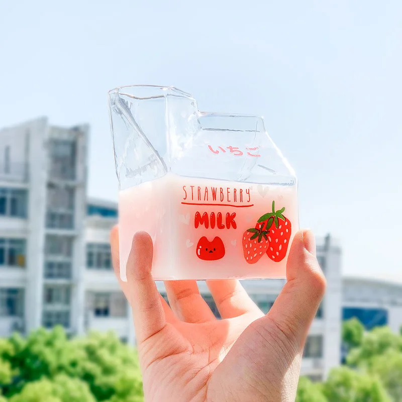Cute Strawberry Square Milk Carton Glass Cup Creative Breakfast Cup Water Cup Household Portable Milk Cup Strawberry Glass Cup