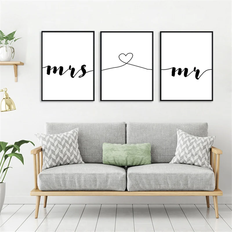 3 шт. настенная живопись Mr Mrs Words Печать на холсте картина Сердце Линия картинки