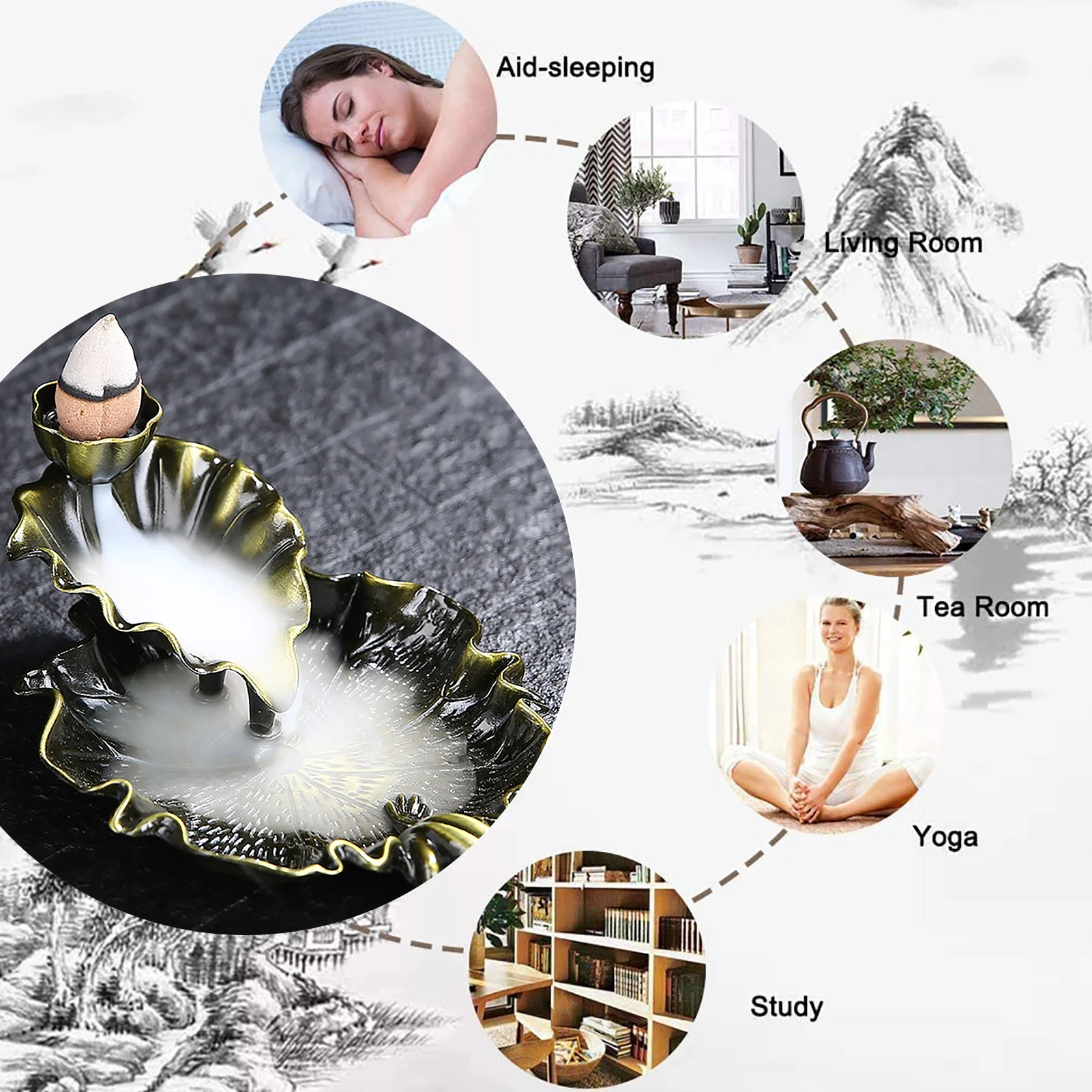 

45Pcs Incense Cones Alloy Lotus Burner Incense Holder Buddhist Supplies Ceramic Backflow Aroma Smoke Censer Home Decoration