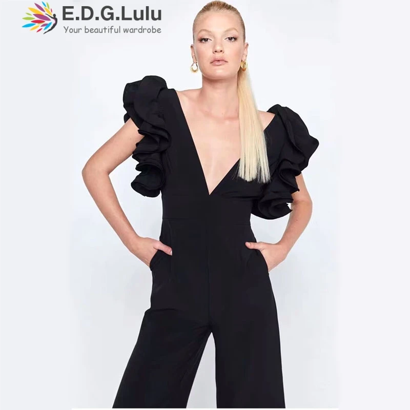 Женские комбинезоны EDGLuLu 2019 черные с глубоким v-образным вырезом женский