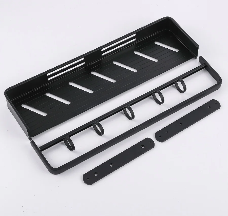 

Wall Mount Black Aluminum Bathroom Shelf Shower Caddy Bath Rack with Bar and Hook for Towel Shampoo Shelves Storage Kitchen