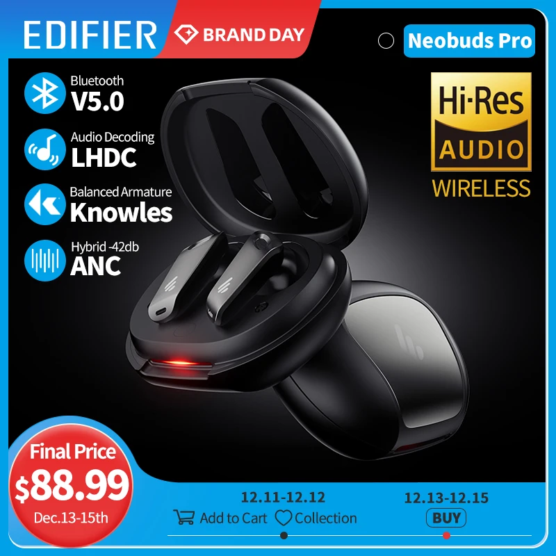  Беспроводные Bluetooth-наушники EDIFIER Neobuds Pro, TWS, гибридные, сертифицированные ANC, Hi-Res, Knowles, декодирование LHDC, три микрофона 