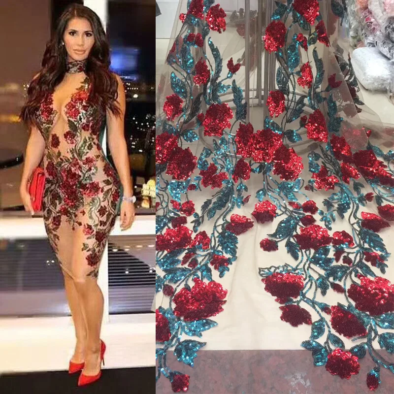 

Beautiful Flower Sequined Net Lace Fabric Red Sequins Embroidered Wedding Fabric African 2021 New Design Net Laces M3228