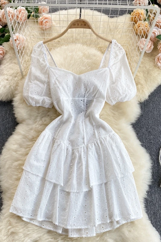 

French women's white hollow out mini dress summer women's Square Collar Puff Sleeve Cotton Street Cascading Ruffle dress 2021