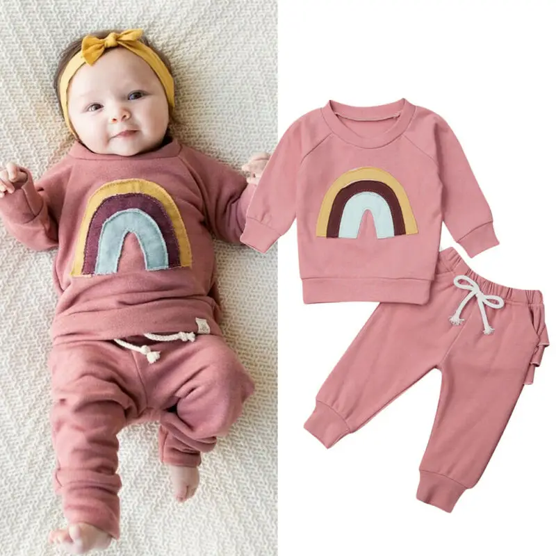 Toddler 2pcs Newborn Infant Baby Girl Clothes Long Sleeve Hoodie Tops Ruffle Leggings Pants Set Rainbow Fall Winter Outfits 0-3Y
