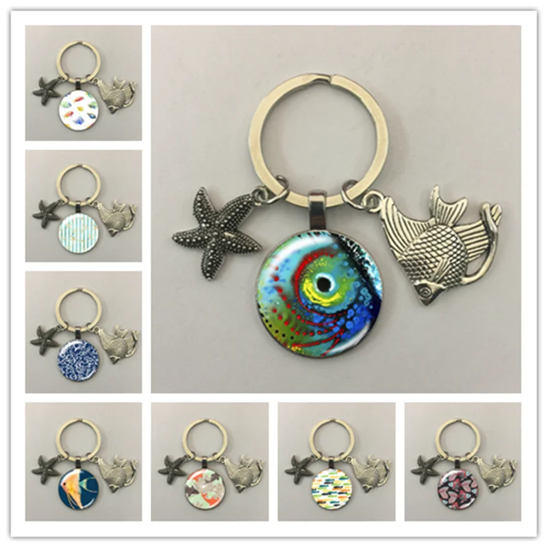 Брелок с черепашкой морской звездой акулой Медузой дельфином стеклянный кабошон