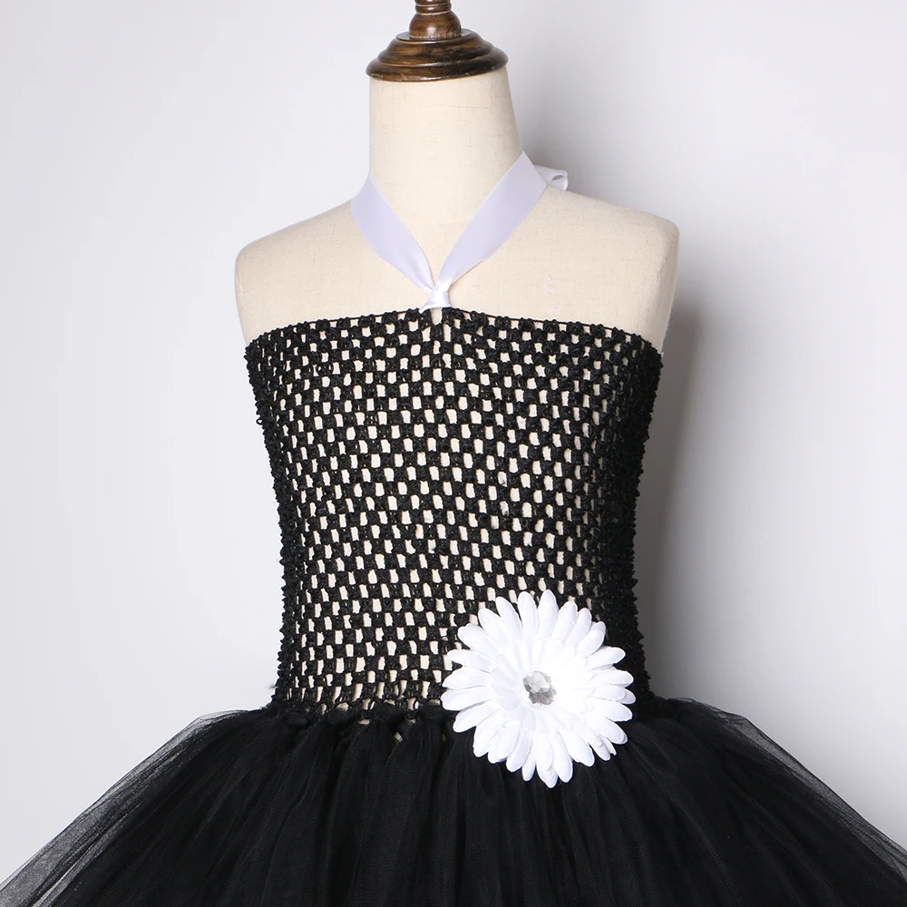 Черное платье-пачка для девочек с белым цветком Вечерние платья ручной работы
