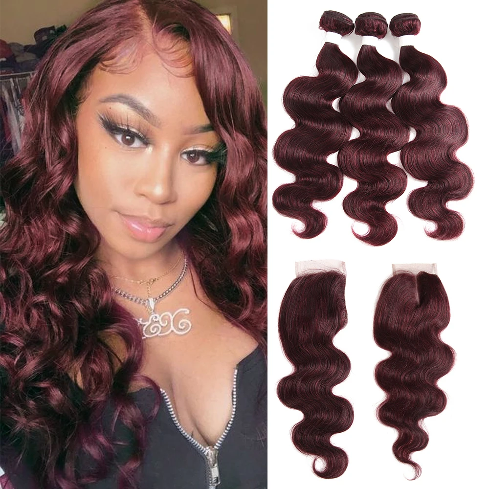 

99J/Burgundy Body Wave Human Hair Bundles With Closure 4x4 SOKU HAIR Brazilian Hair Weave Bundles With Lace Closure Non-Remy