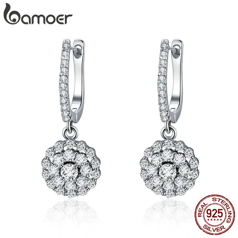 

BAMOER Authentic 925 Sterling Silver Shining Cubic Zircon Round Circle Drop Earrings for Women Wedding Engagement Jewelry SCE517