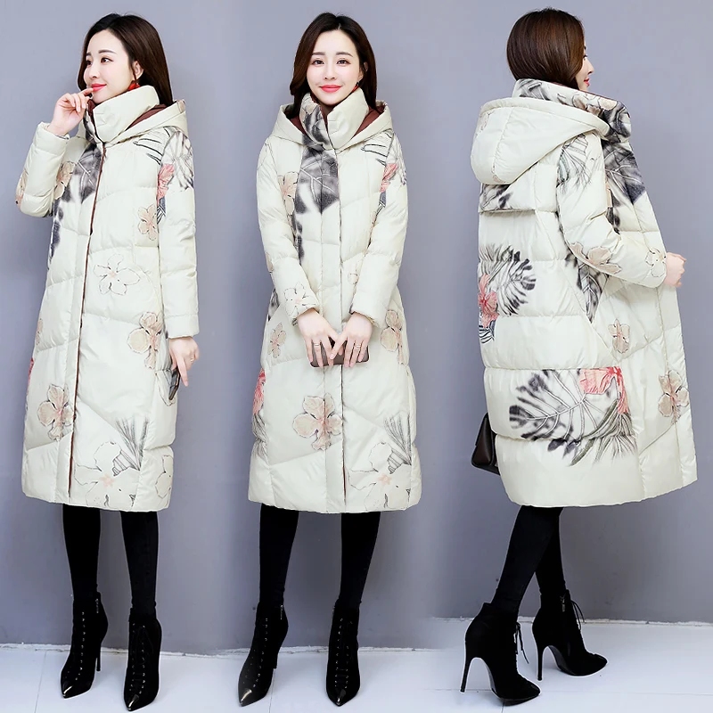 Flower Print Winter jacket Women Long Parkas Slim Down Coat Female Thick Warm Jacket Overcoat 0811-245 | Женская одежда