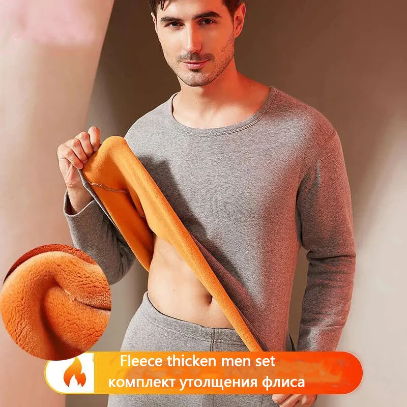 Winter Thermal Underwear Set for Men Cotton Long Johns Pajamas Fleece Pants Thick Warm Tops Thermo Suits Velvet Black Gray 4XL