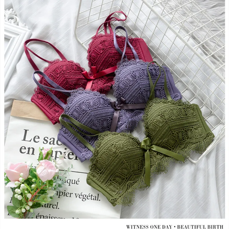 

Floral Bow Bras for Women Sexy Lingerie Bralette Wireless Brassiere Female Push Up Intimates Deep v Top Bh Red Plus Size AB 36