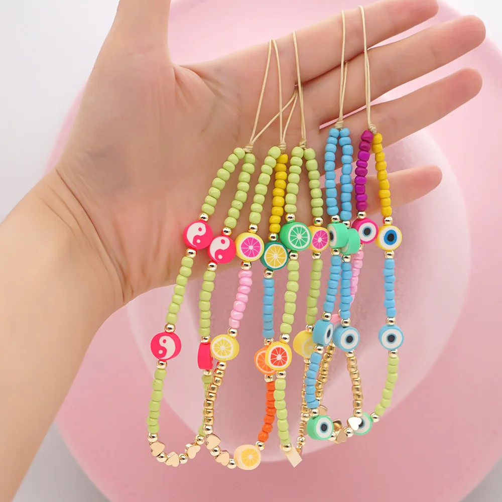 2021 new phone charm beads lanyard mobile chains telephone jewelry for women smiley face strap hangs phone accessories free global shipping