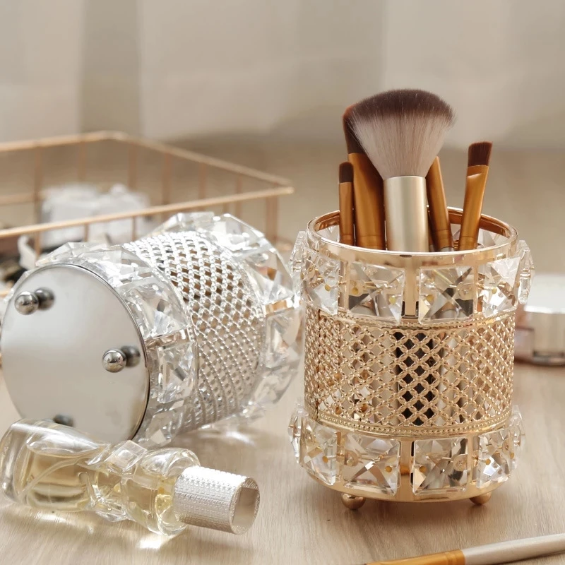 

Rose Gold crystal Makeup Organizer Desktop Brush Eyebrow Pencil Storage Box Nordic Pearl Jewelry Pen Holder Decoration