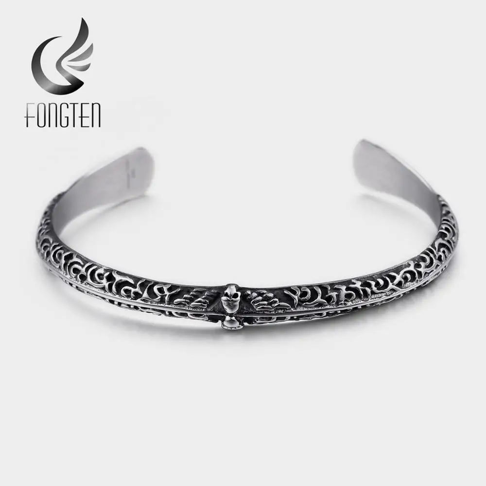 

Fongten Retro Skull Viking Bangle Men Stainless Steel Vintage Black Punk Charm Bangle Mens Jewellery Boyfriend Gift