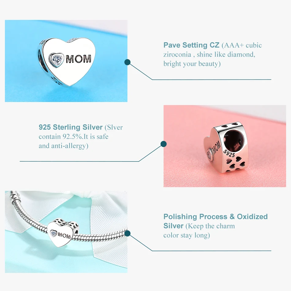 Европейский 925 пробы серебра с амулетами подвесками любовных сердечек шарик ясно