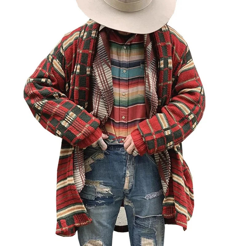 

New Autumn And Winter Men's Fashion Plaid Knit Cardigan Long Loose Large Size Sweater Jacket