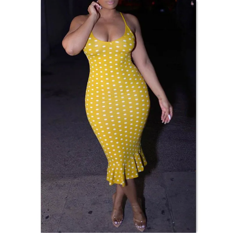 Женское платье-миди в горошек без рукавов с V-образным вырезом | Женская одежда