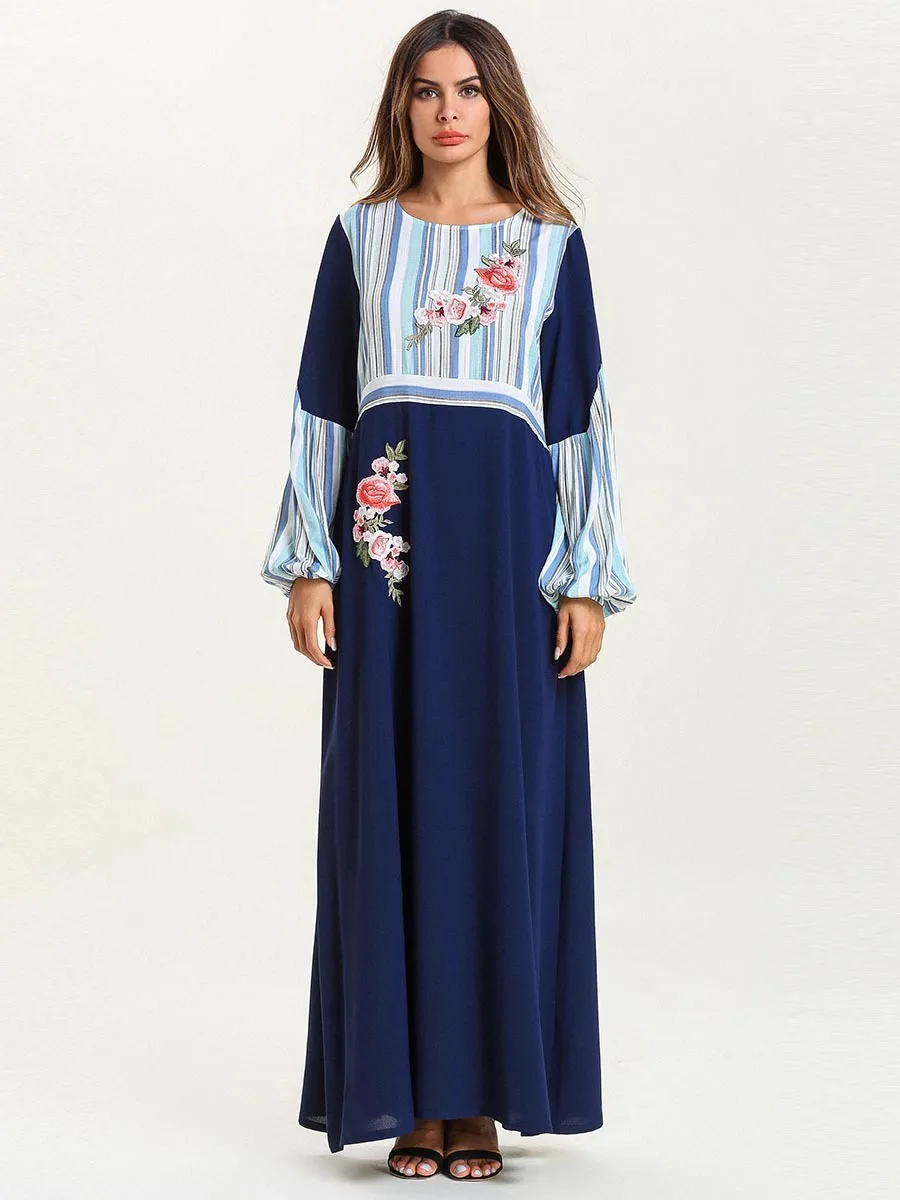 Длинное женское платье абайя больших размеров 4XL с цветочным принтом голубое