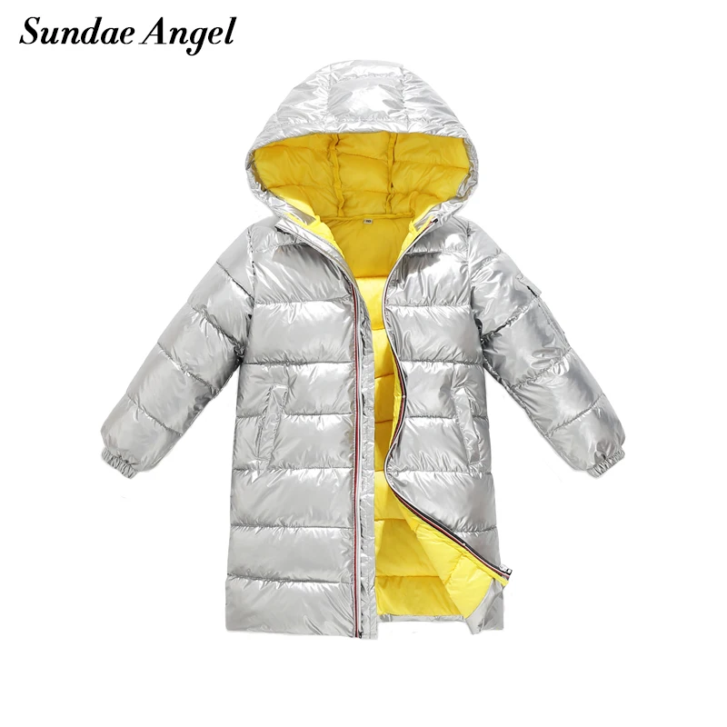 Sundae Angel Gilding Fabric Glossy Long Jacket Winter For Girls Hooded Warm Down Cotton Boys Outerwear Children's Parkas Coats