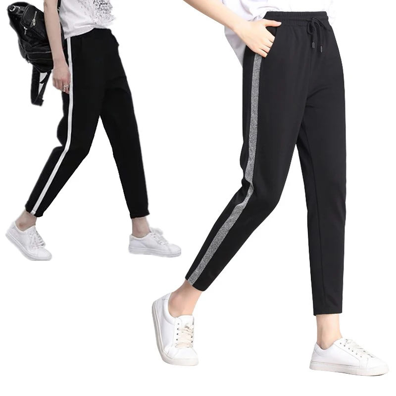 

Autumn Harem Pants New Casual Long Trousers For Women Black Side Striped Thin Ankle-Length Pants Female Pencil Pant