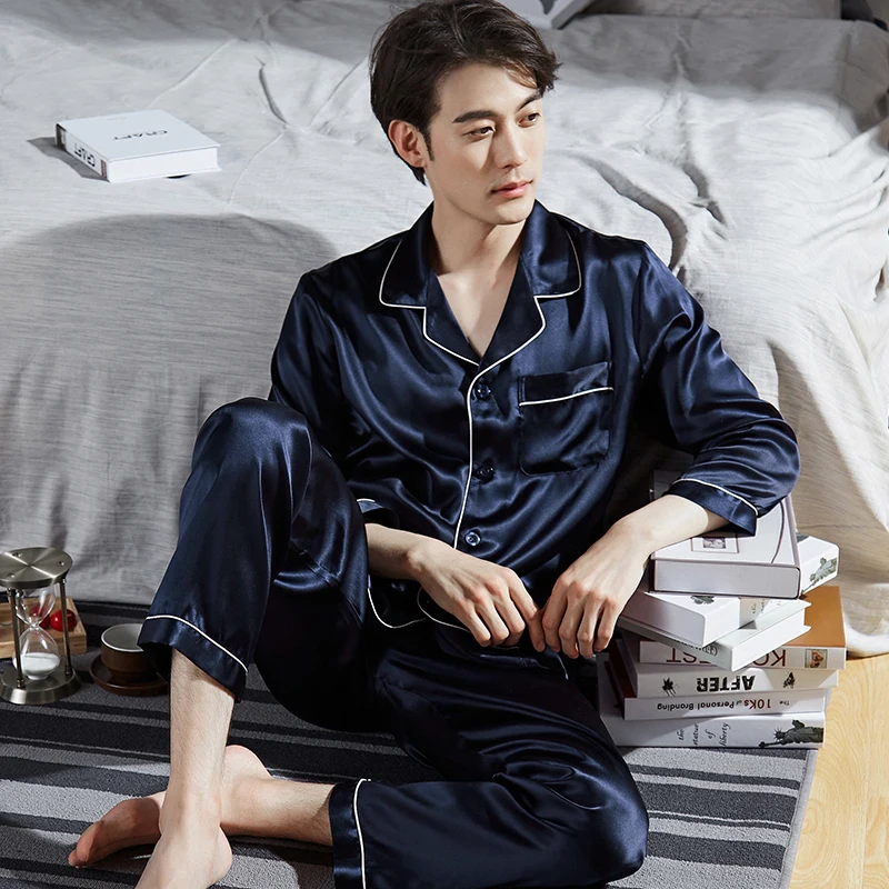 100% Real Silk Pajama for Men Sleepwear Dark Blue Pyjamas Satin Pijamas Homme PJs Home Clothes Hangzhou Pure Silk Pajamas Sets