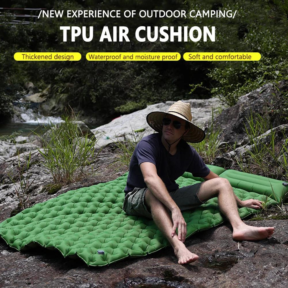 

Waterproof Sleep Inflatable Mattress Outdoor Camping Cushion with Storage Bag Pillow Foldable Mouth Air Filling Mat Double Bed