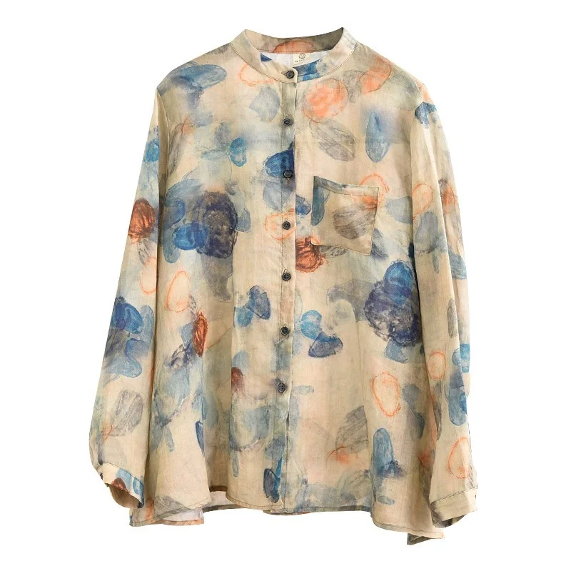 

Ramie Casual Loose Soft Blouses for Women Chic Elegant Design Shirts 2021 Spring New Stand Collar Vintage Female Top Clothing