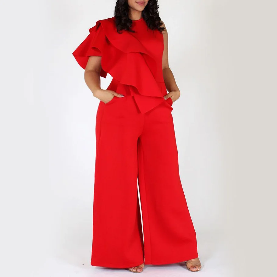 Loose Jumpsuits for Women 2020 Party Summer Sleeveless Round Neck Wide Leg Red Black Elegant Ruffles Long Office Lady Jumpsuits