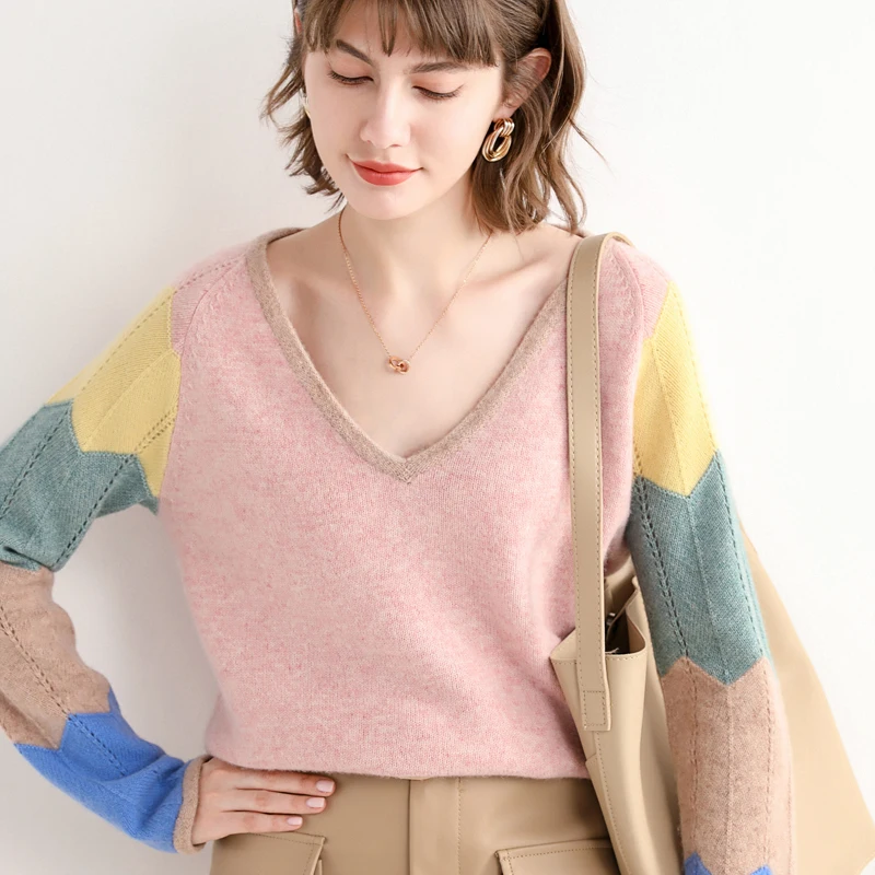 SuyaDream Women 100%Wool Sweaters 2021 Winter V Neck Loose Pullovers 2021 Fall Winter Top Pink Grey