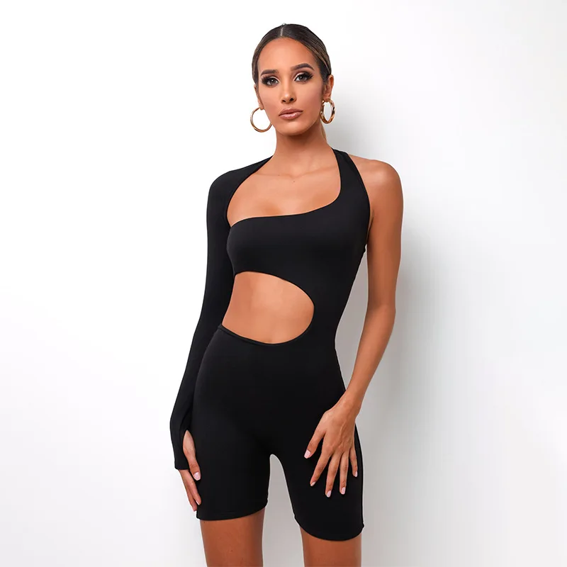 

Hollow Out Jumpsuits Personality One Shoulder Solid Color Sexy Rompers Exposed Navel Tight Bottoming Playsuit Shorts