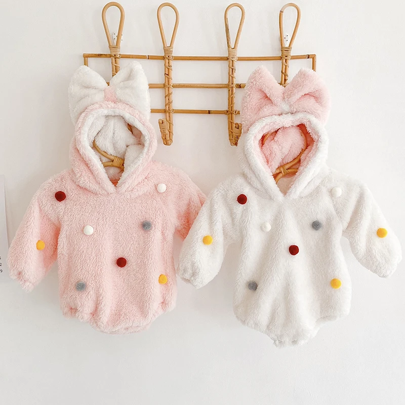 

Winter Warm Baby Fleece Bodysuit Fashion Pompom Design Infant Baby Girls Long Sleeve Hooded Jumpsuit Autumn Baby Clothes
