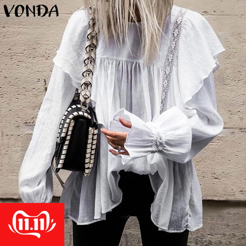 VONDA/хлопковые топы с рукавами-колокольчиками, сексуальные белые блузки с круглым вырезом, женские повседневные свободные рубашки, белая хлопковая туника для женщин размера плюс S-5XL