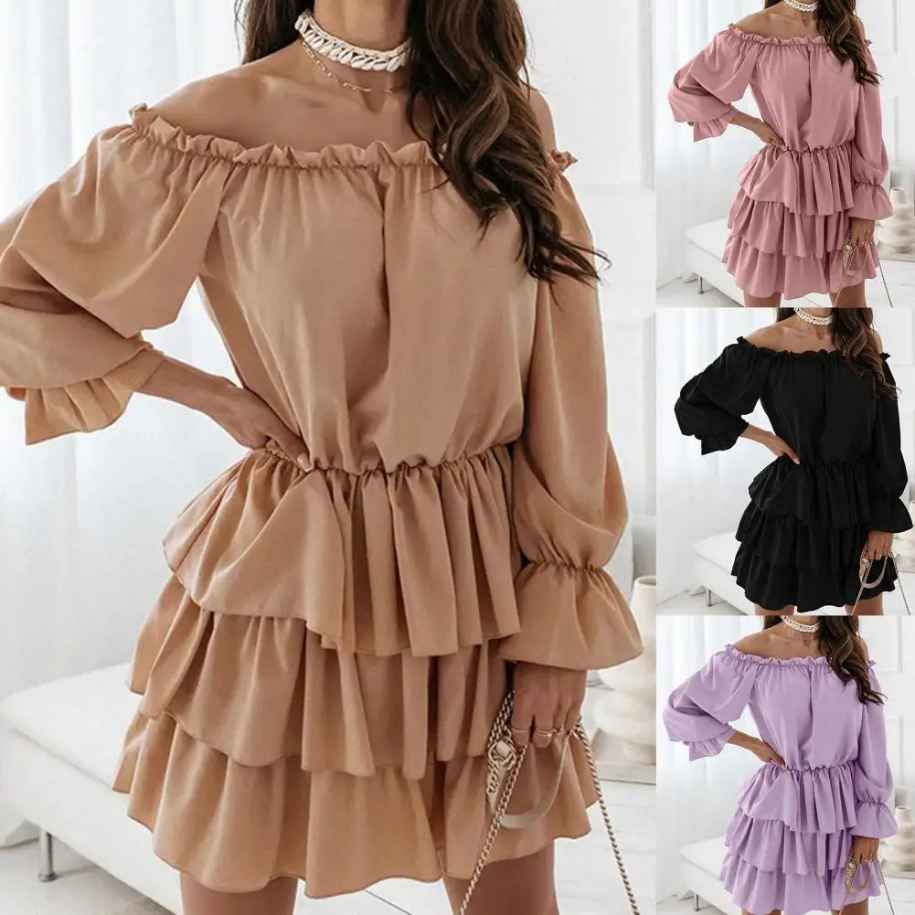 

Comfortable Slash Neck Solid Color Mini Dress Women Long Sleeve Ruffle Hem Tunic Cake Dress Streetwear Dresses Mini Party Dress