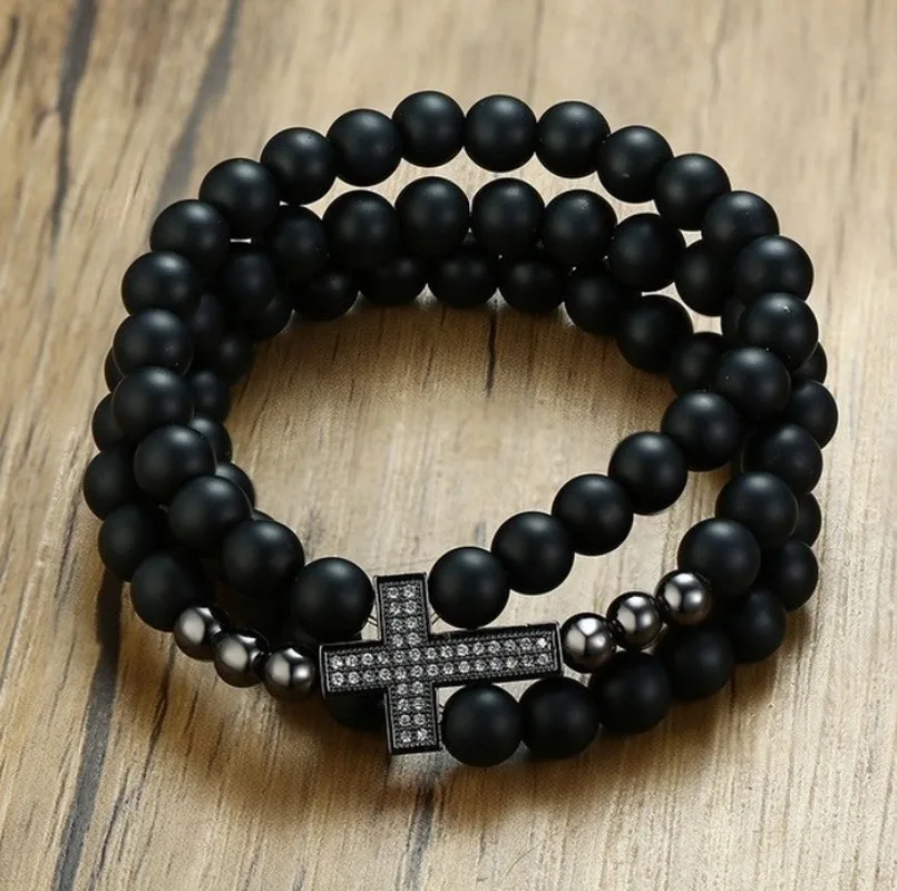 Бисер мужской Браслет Крест Браслеты с подвесками черный камень из бисера