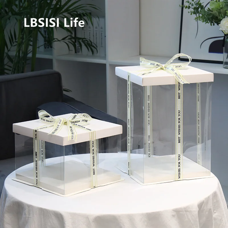 

LBSISI Life 4 6 8 10 Inch Transparent Cake Box Birthday Wedding Christmas Party High Round Cake Packaging Box