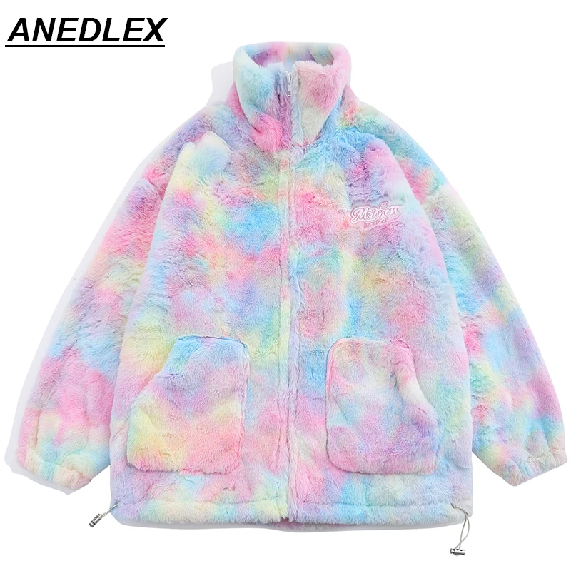 

Hip Hop Streetwear Men Fleece Jacket Coats Tie-dyed Plush Fuzzy Jackets Coat Winter Harajuku Cotton Women Padded Rainbow Coat