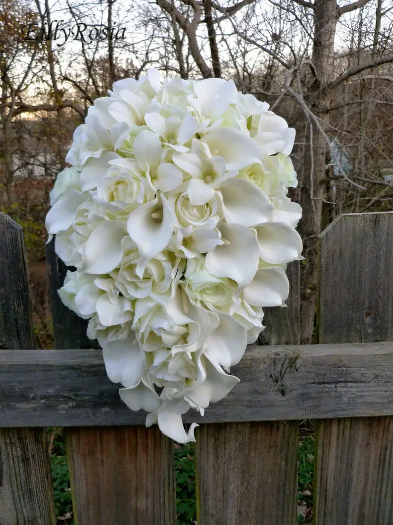 White Cacade Bridal Bouquet Wedding Flowers Roses Galaxy Orchid Calla Lily Teardrop Wedding Bouquet da Sposa Artificial Handmade