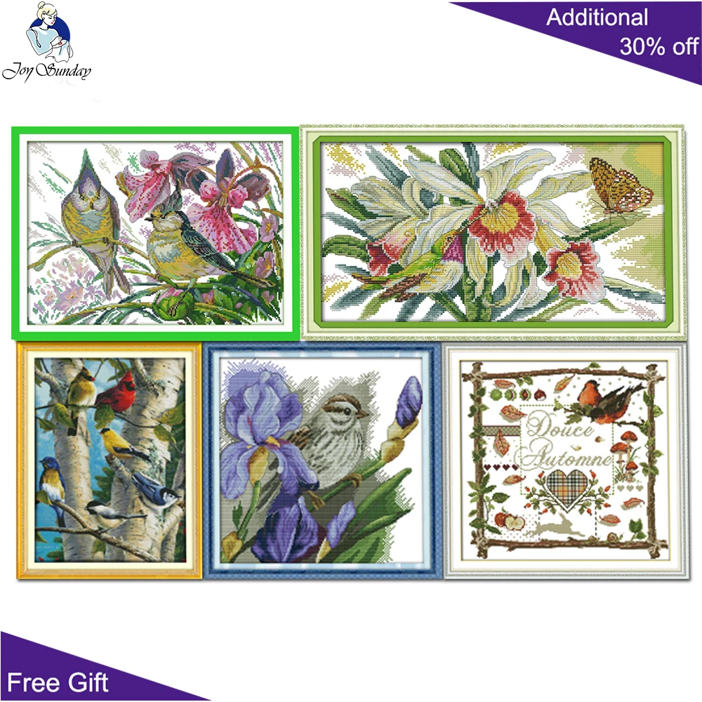 Joy Sunday Spring Birds Butterflies Over Flowers In Birch Sparrow Autumn Swallow D721D722D728D729D731 Cross Stitch |
