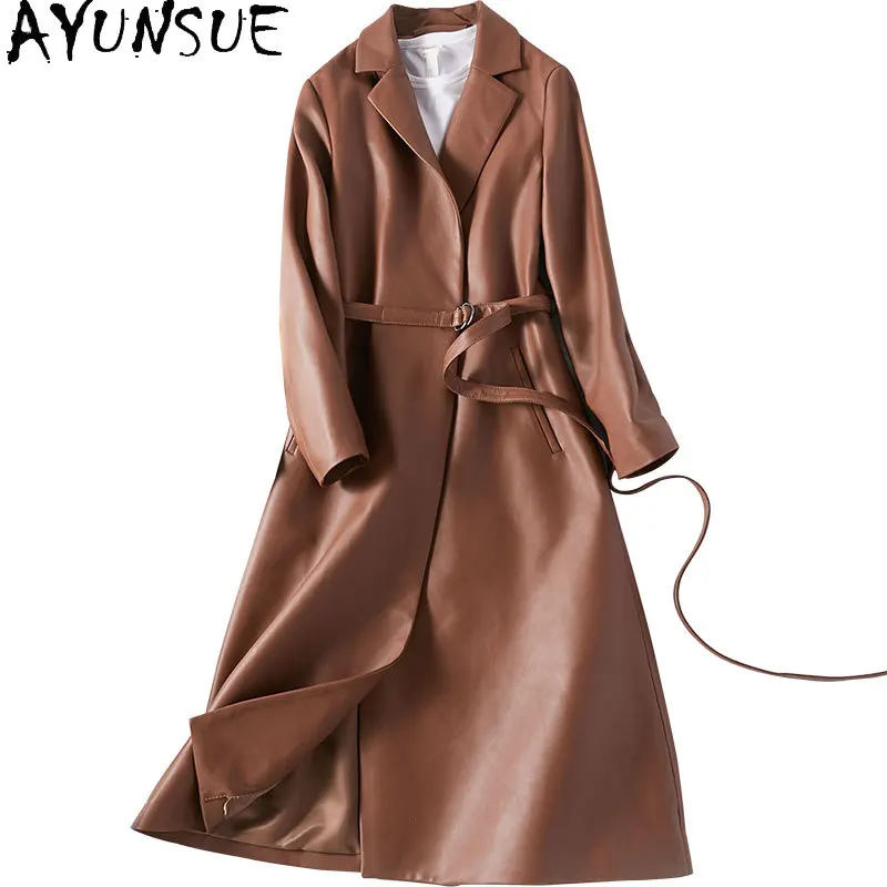 AYUNAUE Genuine Leather Jacket Women Long 100% Sheepskin Coat Spring Autumn Windbreaker Real Leather Jackets Chaqueta Mujer 9620