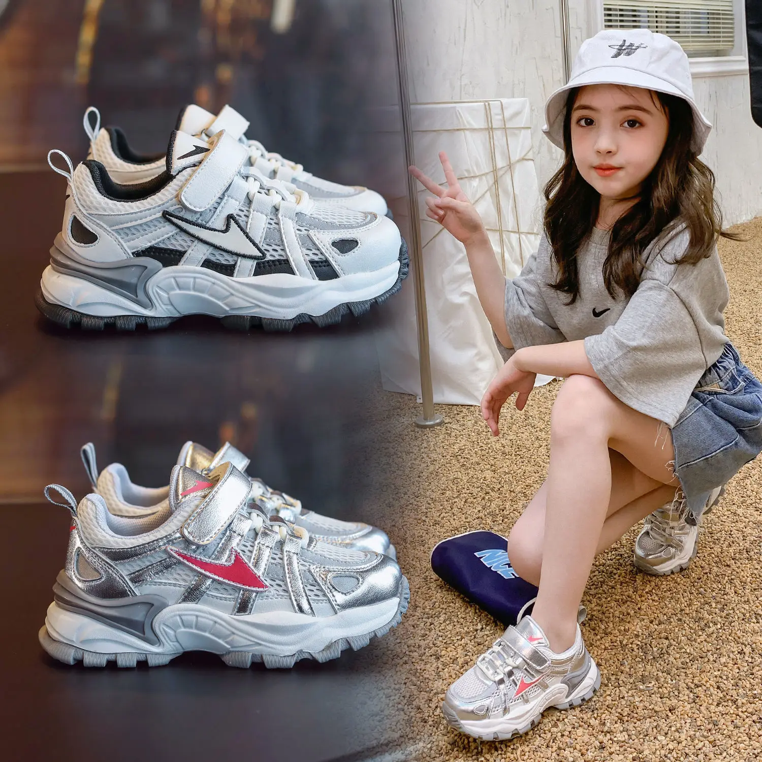 

Boys' Sports Shoes 2021 Summer New Girls' Breathable Net Shoes, Big Children's Hollow Single Net Small White Shoes