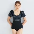 Новинка 2021, Женский цельный купальный костюм с коротким рукавом, винтажный Монокини, купальник в горошек с подкладкой, сексуальный купальный костюм, пляжная одежда