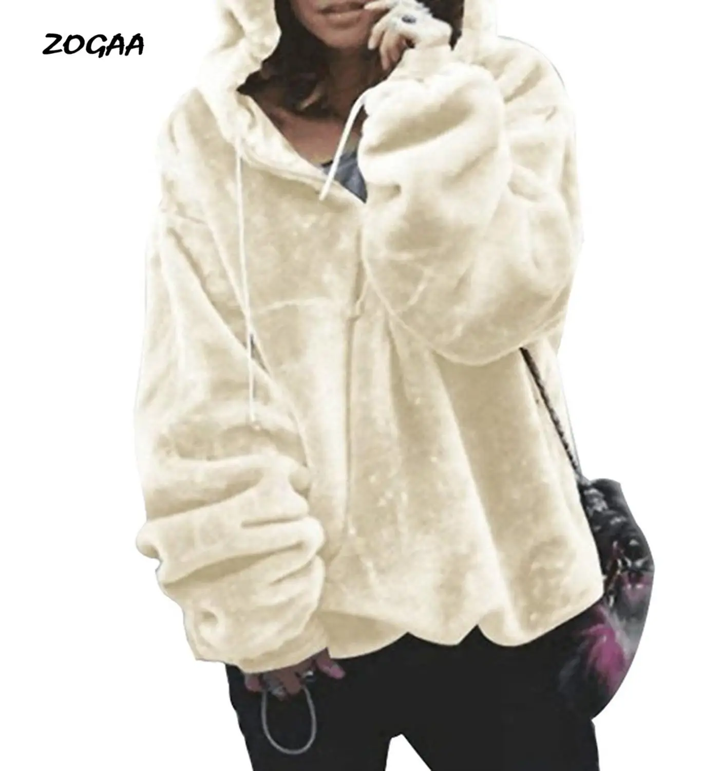 

ZOGAA Fashion Women's Thick Tops Winter Autumn Plush Hooded Jumper hoody Pullover V-neck Zipper Neck Hooded Loose Top Coat