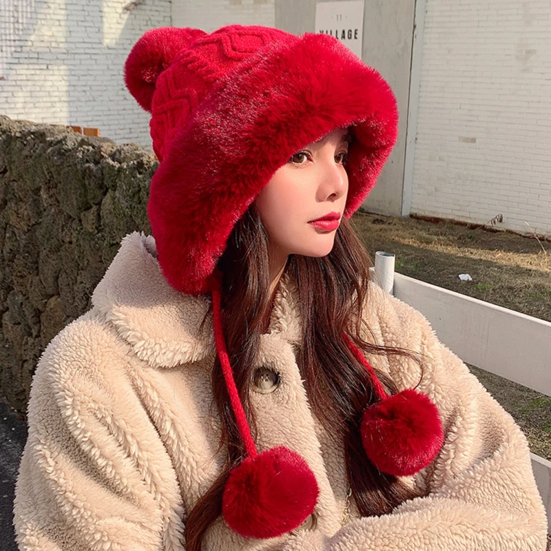 hot sale girl warm ski 2022new brand big fur pom poms ball knitted hats set winter women beanie hat thick female outdoor cute free global shipping