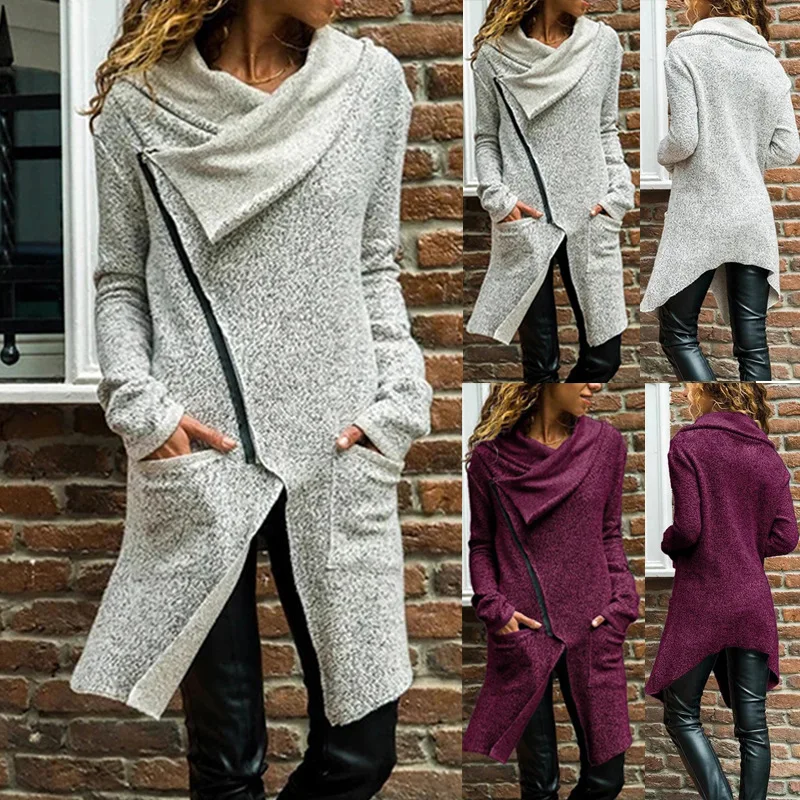 

Женская длинная куртка на молнии, Повседневная однотонная блузка с отложным воротником и карманами, Осень-зима 2020