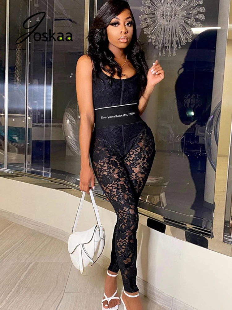 

Joskaa Black Lace Patchwork Slim Jumpsuits Women Sexy Sleeveless Backless See-Through Party Rompers 2021 Fall Fashion Streetwear